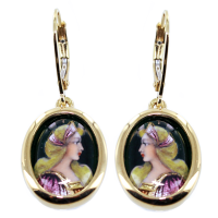 Boucles d'oreilles Or Jaune Email - Coiffe rose 