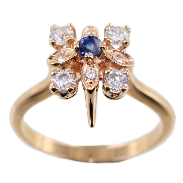 Bague Or 18 K Serti griffe Fleur Bleuet 