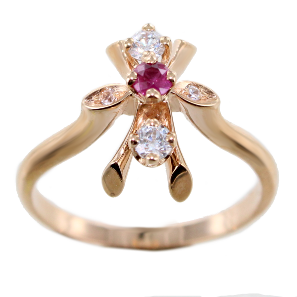 Bague Or 18 K Serti griffe Fleur Laurier rose 