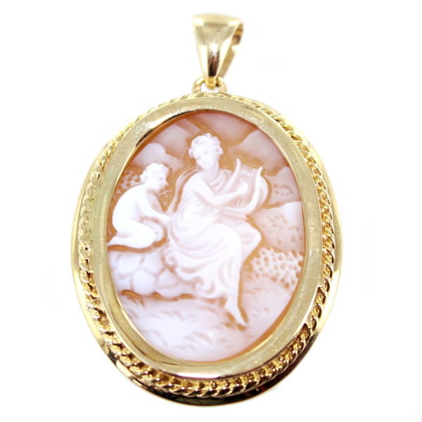 Pendentif Or Jaune Camée - Femme à la lyre 