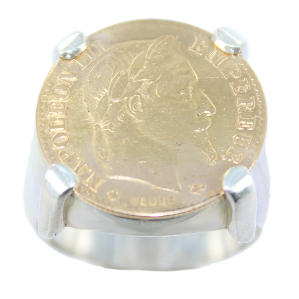 Bague Monture chevalière plate Griffes pièce 20 francs or Argent 