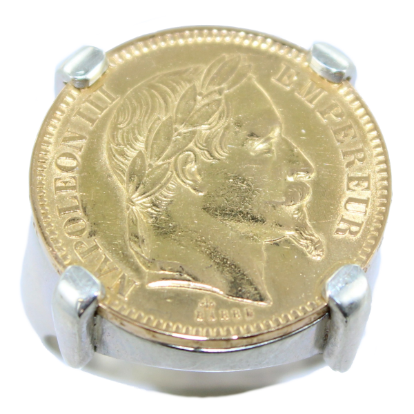 Bague Monture chevalière plate Griffes pièce 10 francs or Argent 