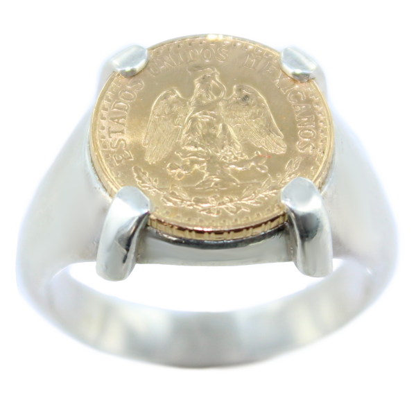 Bague Monture chevalière plate Griffes pièce 2 pesos Argent 