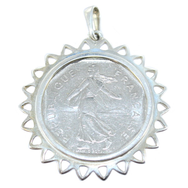 Pendentif Argent Monture Lotus Pièce 2 francs nickel 