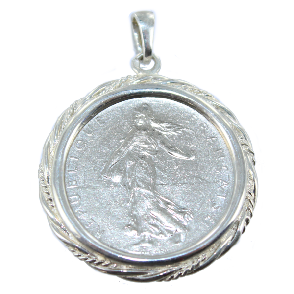 Pendentif Argent Monture Cordage pièce 1 franc nickel 