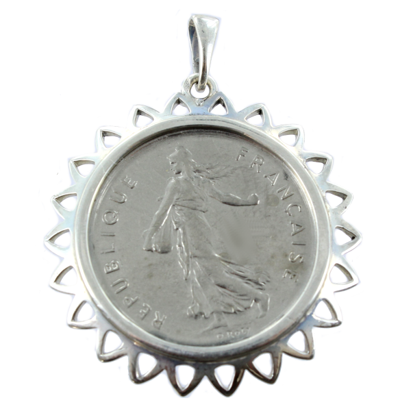 Pendentif Argent Monture Lotus pièce 5 francs nickel 