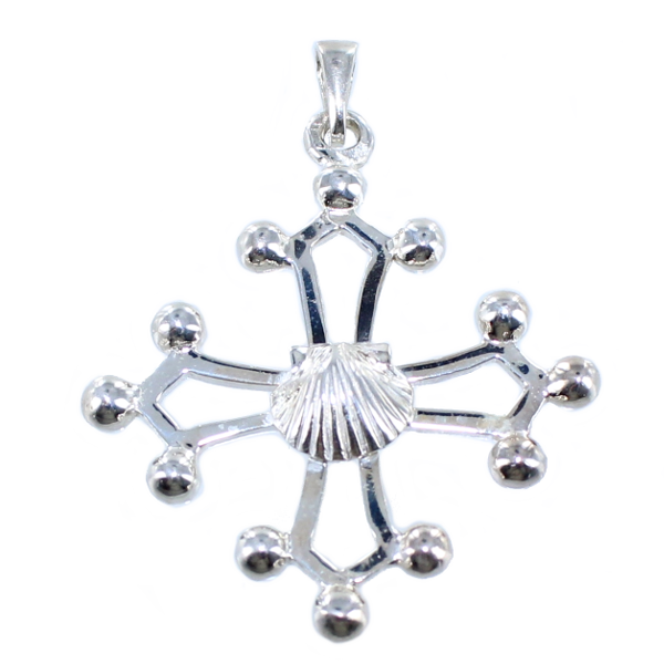 Croix Occitane avec boules et Coquille St Jacques - Taille 2 Argent 