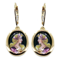 Boucles d'oreilles Or Jaune Email - Coiffe rose 