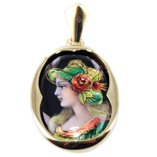 Pendentif Or Jaune Email Romantique - Fleur orangée 