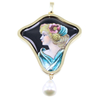 Pendentif Or Jaune Email Romantique - Soie bleue 