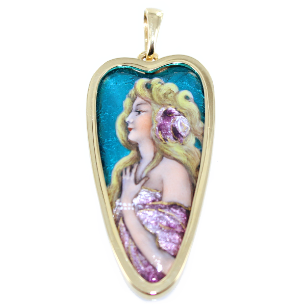 Pendentif Or Jaune Email Art Nouveau - Sensuelle Rose 