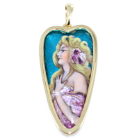 Pendentif Or Jaune Email Art Nouveau - Sensuelle Rose 