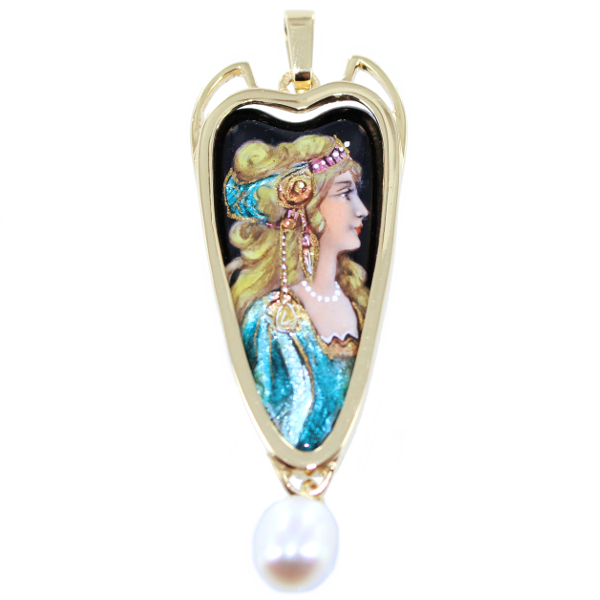 Pendentif Or Jaune Email Art Nouveau - Coiffe d'or 