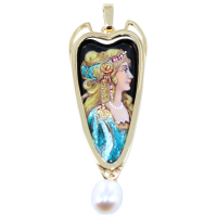 Pendentif Or Jaune Email Art Nouveau - Coiffe d'or 