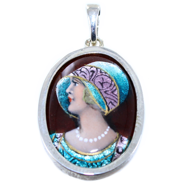 Pendentif Argent Email Art Déco - La dame aux perles 