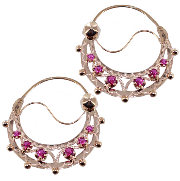 Boucles d'oreilles Or Rose Créoles à boules 6 pierres - 40 mm