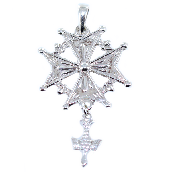 Croix huguenote ornée - Motif floral Argent 