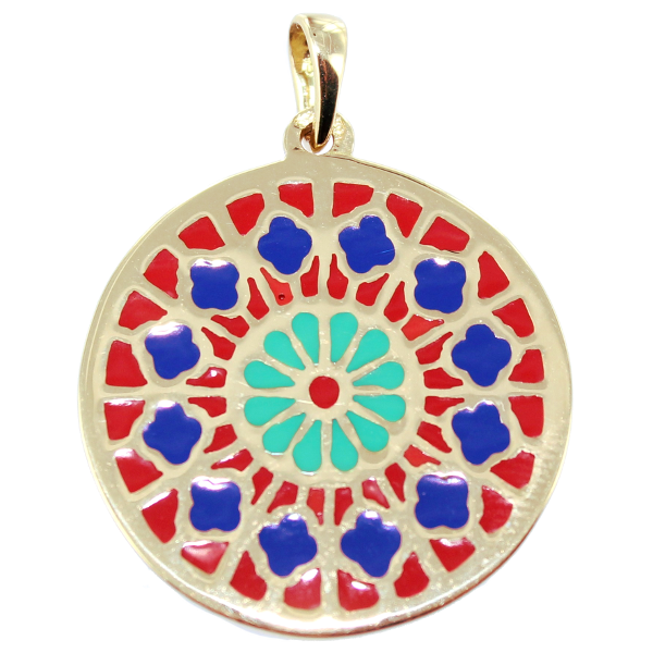 Médaille Or 18 K Jaune Vitrail Rosace fleur 26mm - laque opaque 