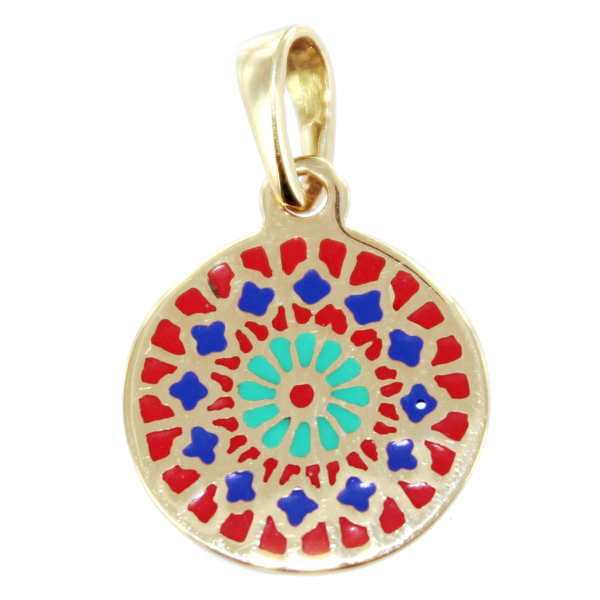 Pendentif Or 18 K Jaune Vitrail rosace fleur 14mm - laque opaque 