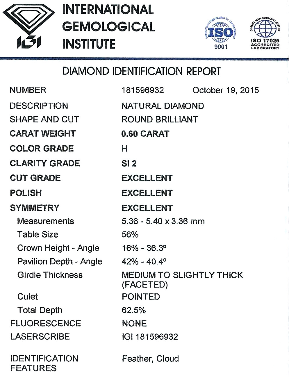 Diamant Taille Brillant 5.36mm 0.60 carat HSI2 - Image 2 