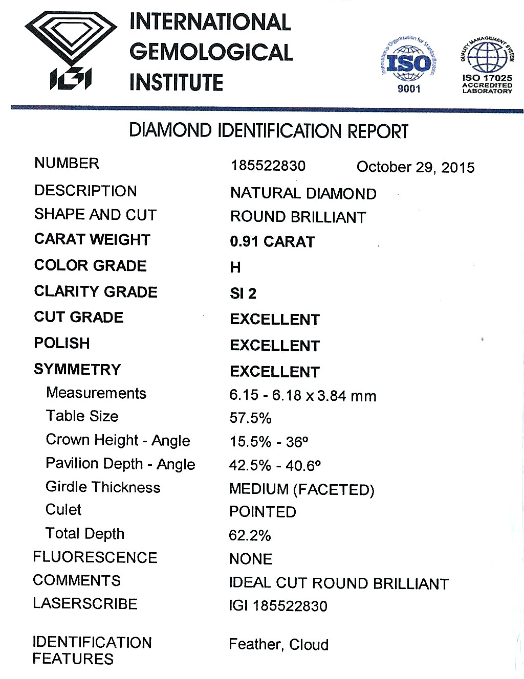 Diamant Taille Brillant 6.15mm 0.91 carat HSI2 - Image 2