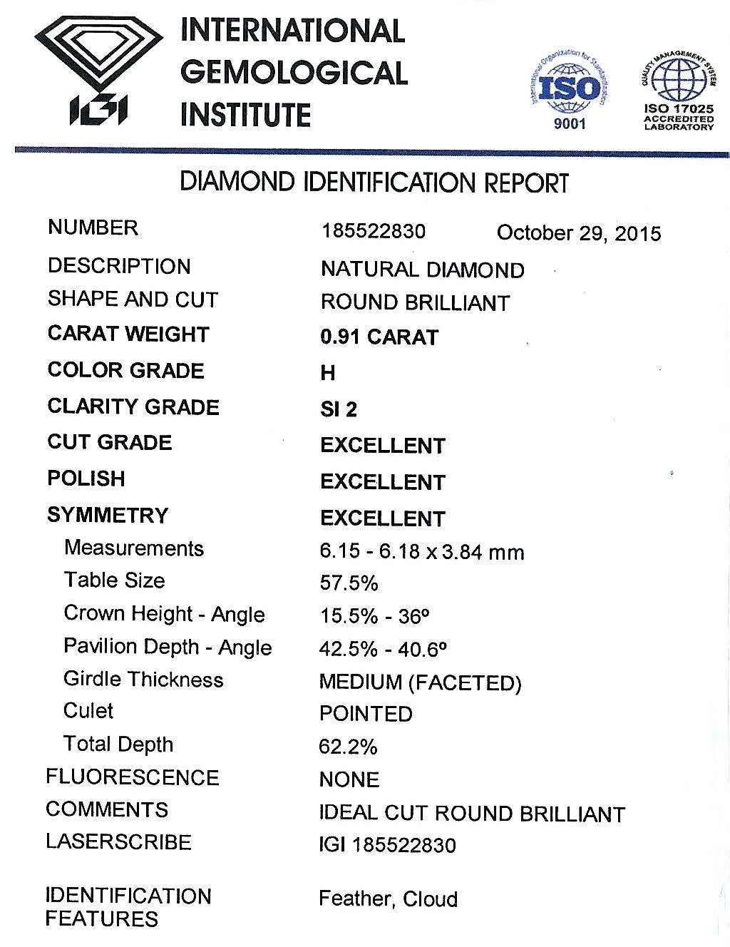 Diamant Taille Brillant 6.15mm 0.91 carat HSI2 - Image 2 