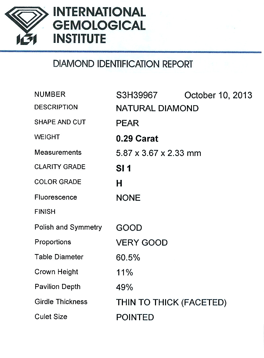 Diamant Taille Poire 5.87 x 3.67 0.29 carat HSI1 - Image 2