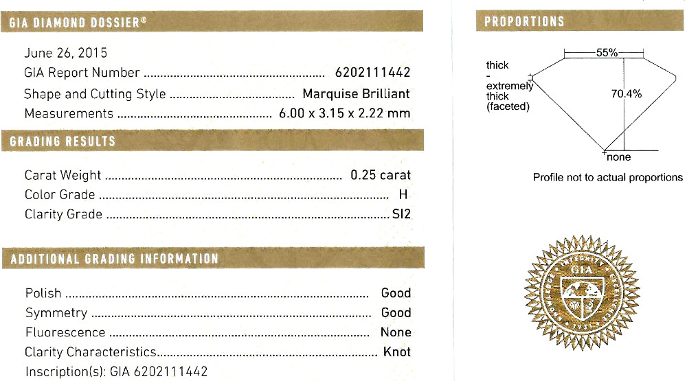 Diamant Taille Marquise 6.00 x 3.15mm 0.25 carat HSI2 - Image 3 