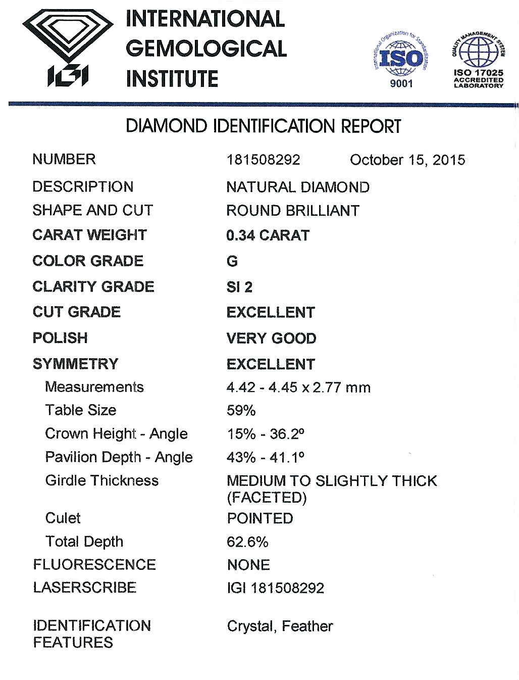Diamant Taille Brillant 4.42mm 0.34 carat GSI2 - Image 2