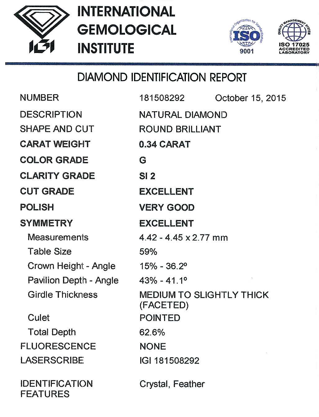 Diamant Taille Brillant 4.42mm 0.34 carat GSI2 - Image 2 