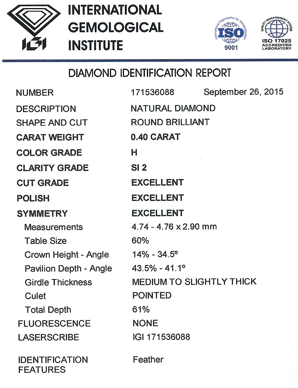 Diamant Taille Brillant 4.74mm 0.40 carat HSI2 - Image 2