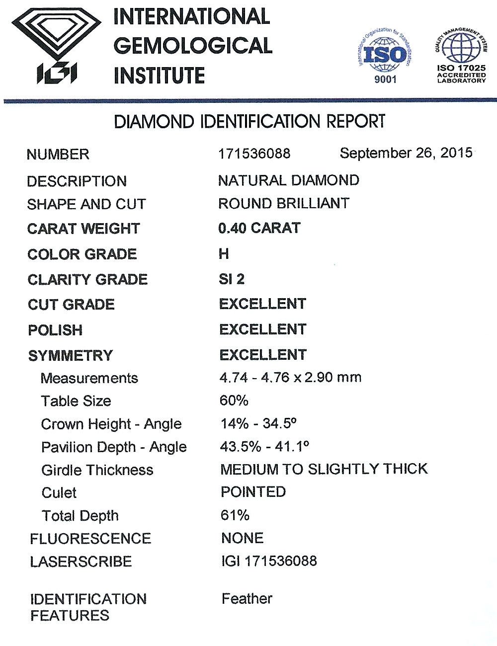 Diamant Taille Brillant 4.74mm 0.40 carat HSI2 - Image 2 