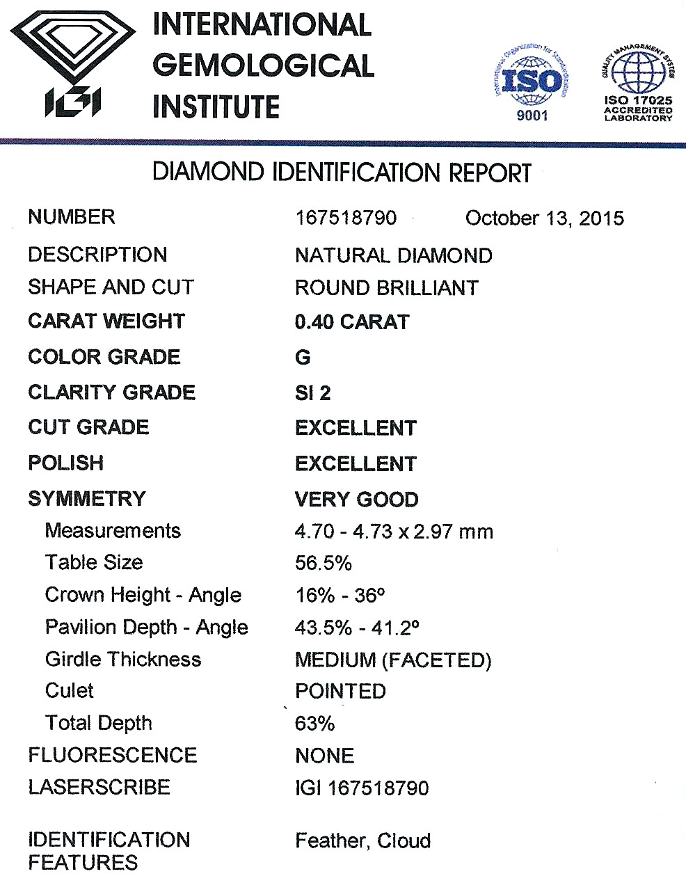 Diamant Taille Brillant 4.70mm 0.40 carat GSI2 - Image 2 