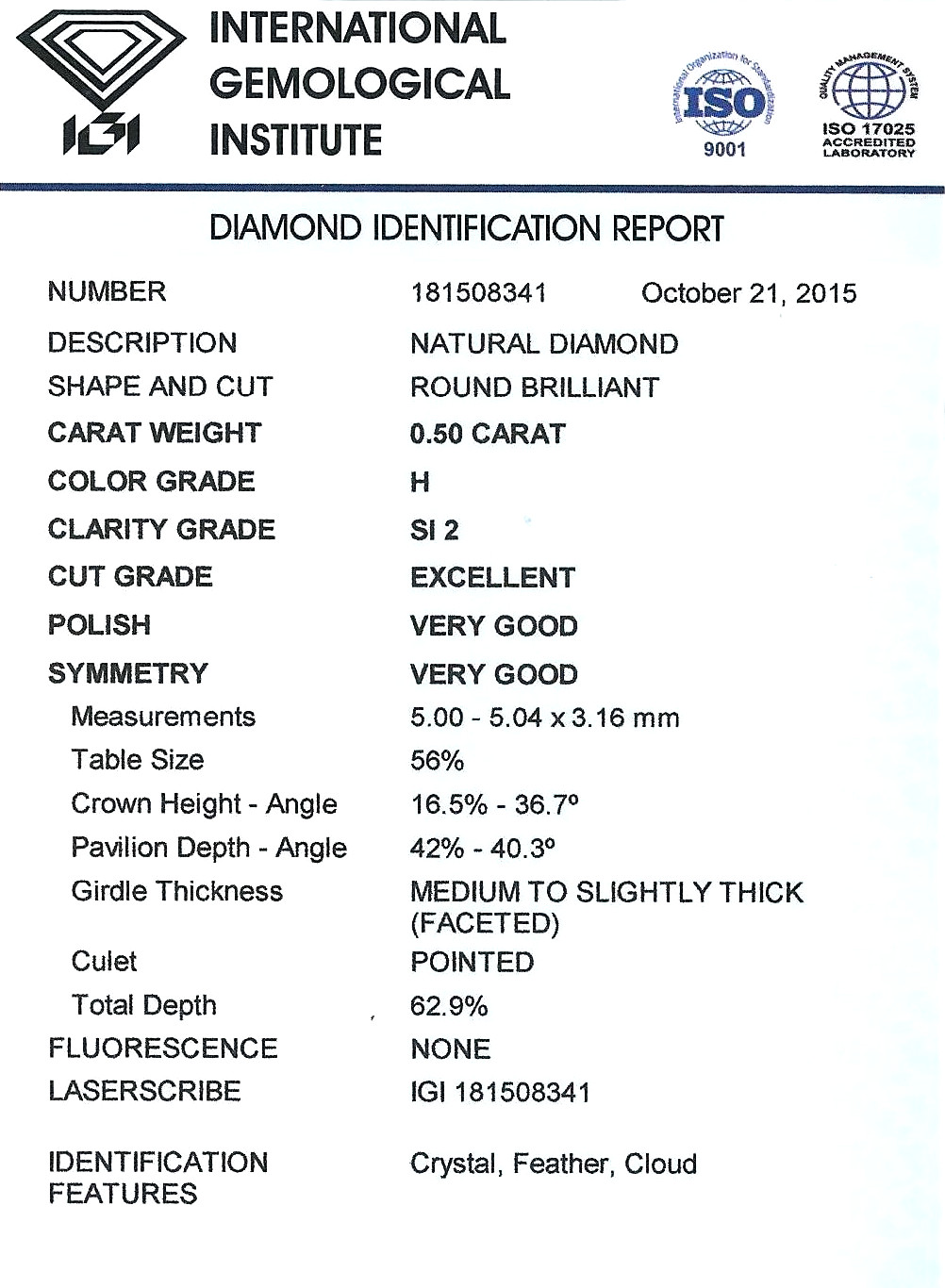 Diamant Taille Brillant 5.00mm 0.50 carat HSI2 - Image 2