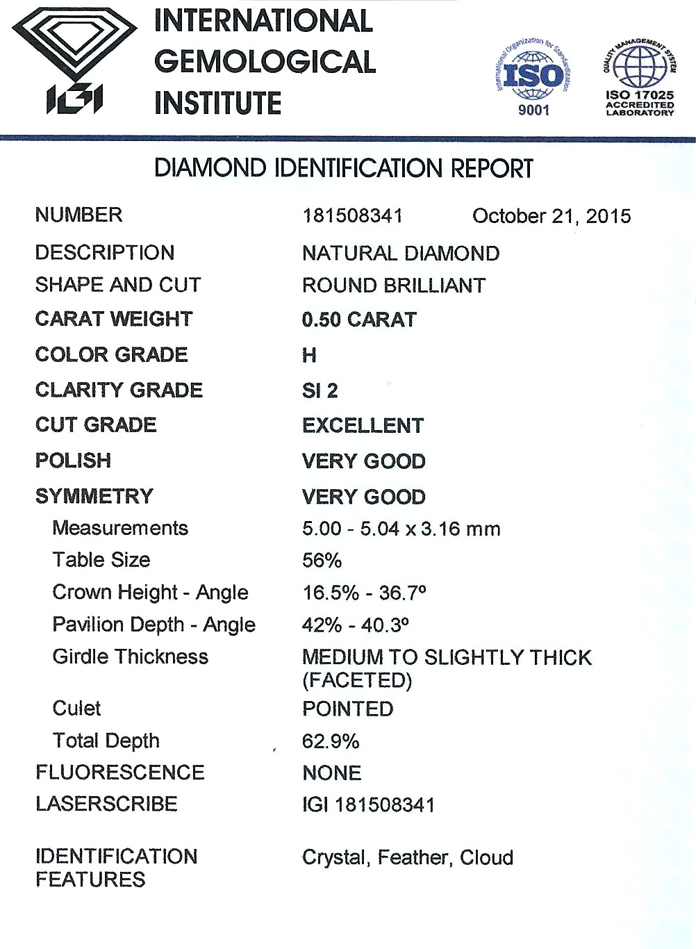 Diamant Taille Brillant 5.00mm 0.50 carat HSI2 - Image 2 