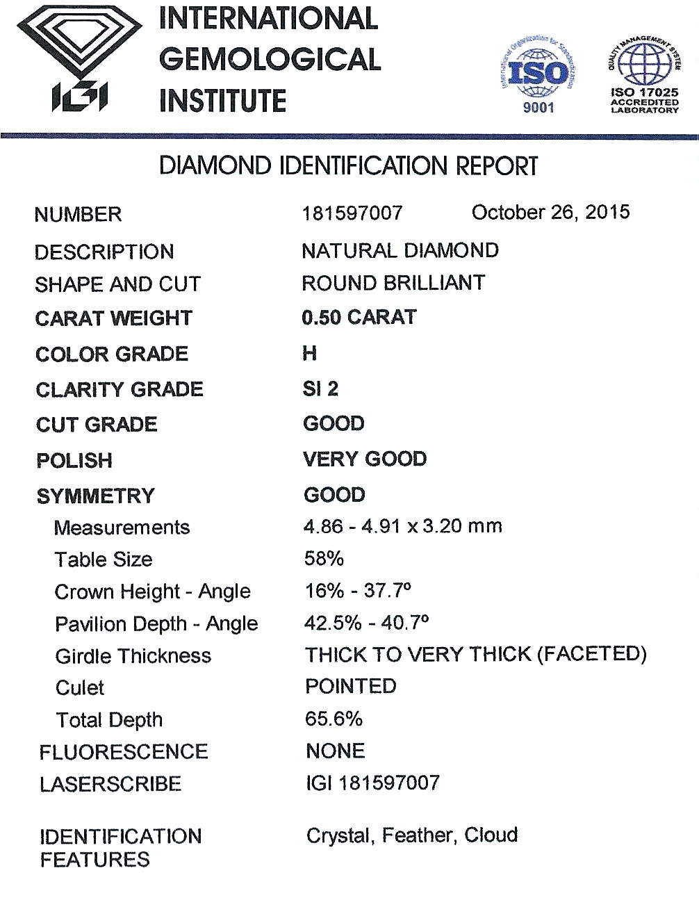 Diamant Taille Brillant 4.86mm 0.50 carat HSI2 - Image 2