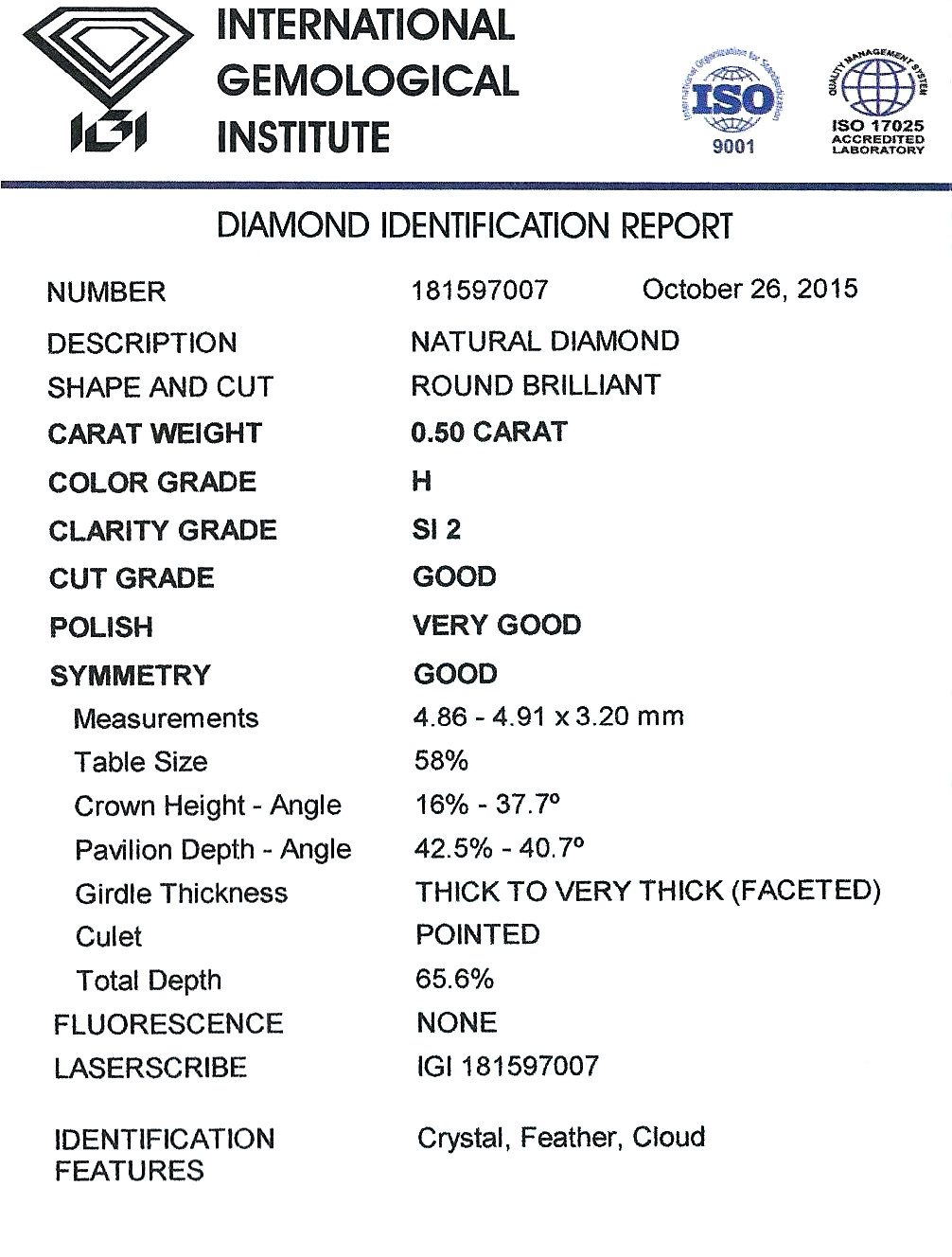 Diamant Taille Brillant 4.86mm 0.50 carat HSI2 - Image 2 